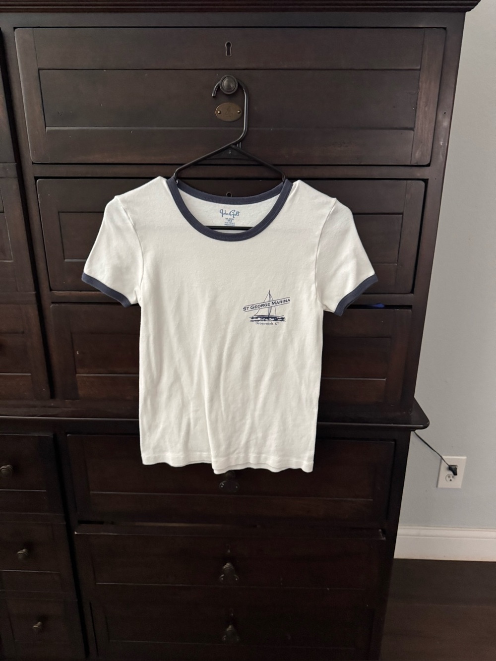 Brandy Melville White Tee with Navy Trim and Sailboat Sketch